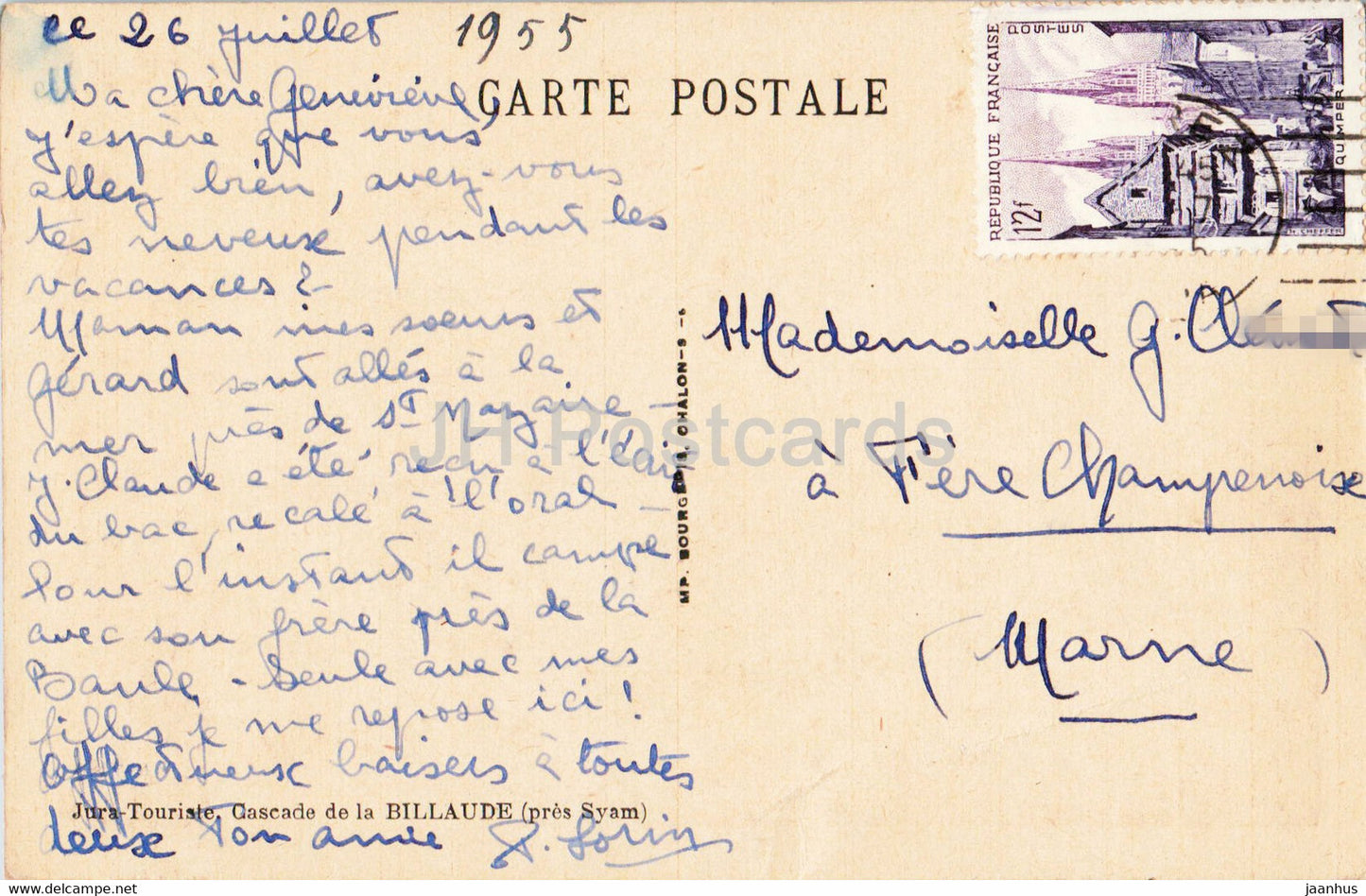 Jura Touriste - Cascade de la Billaude - old postcard - 1955 - France - used