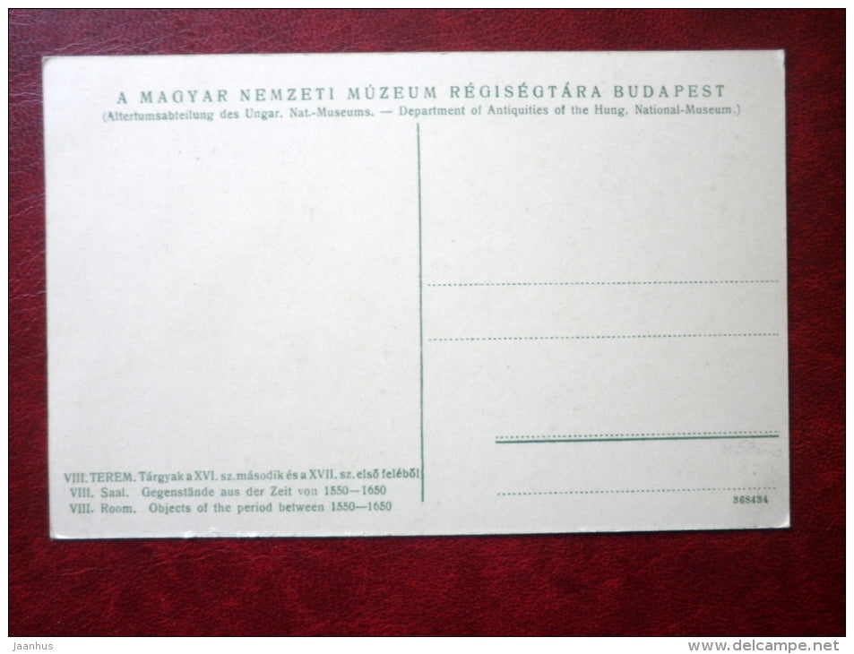 Department of Antiquities of the Hungarian National Museum - furnishings 1550-1650 - old postcard - Hungary -  unused - JH Postcards
