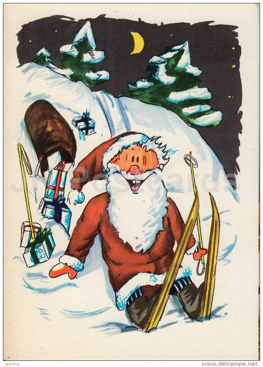 New Year Greeting Card by A. Boltovski - Santa Claus - gifts - skiing - 1983 - Estonia USSR - used - JH Postcards