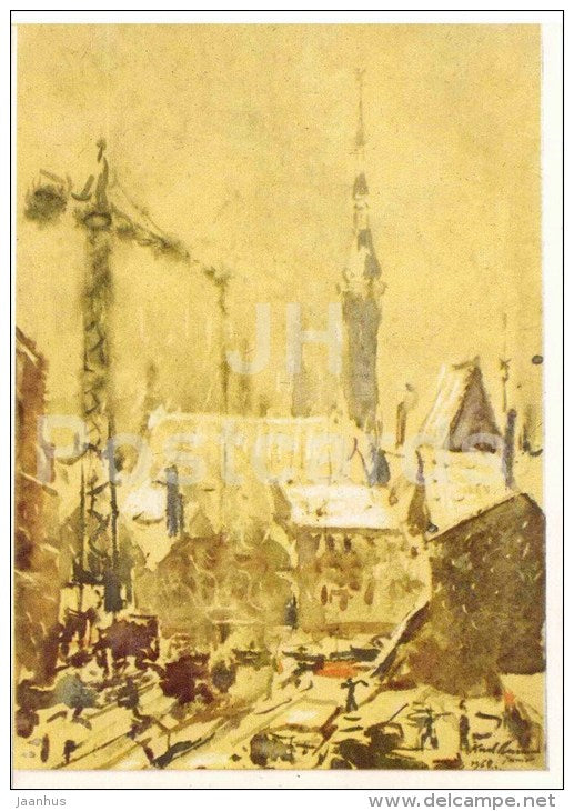 illustration by K. Burman - Writers House construction - crane - Tallinn - 1968 - Estonia USSR - unused - JH Postcards