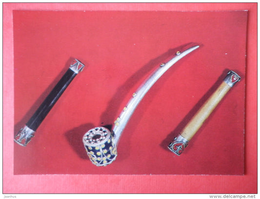 Cigarette holders and smoking pipe , silver , by M. Kutateladze - Georgian Chasing - 1974 - USSR Georgia - unused - JH Postcards