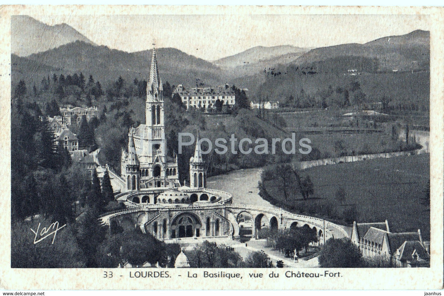 Lourdes - La Basilique - Vue du Chateau Fort - 33 - old postcard - France - used - JH Postcards