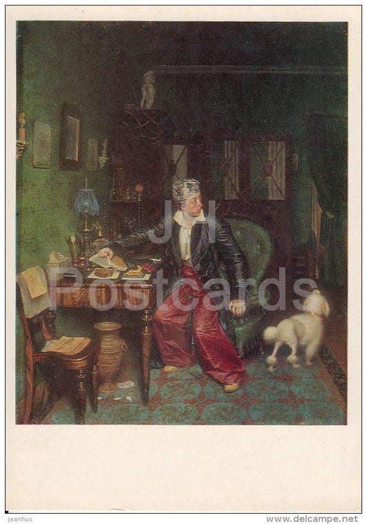 painting by P. Fedotov - Aristocrat Breakfast - dog - poodle - Russian art - 1977 - Russia USSR - unused - JH Postcards