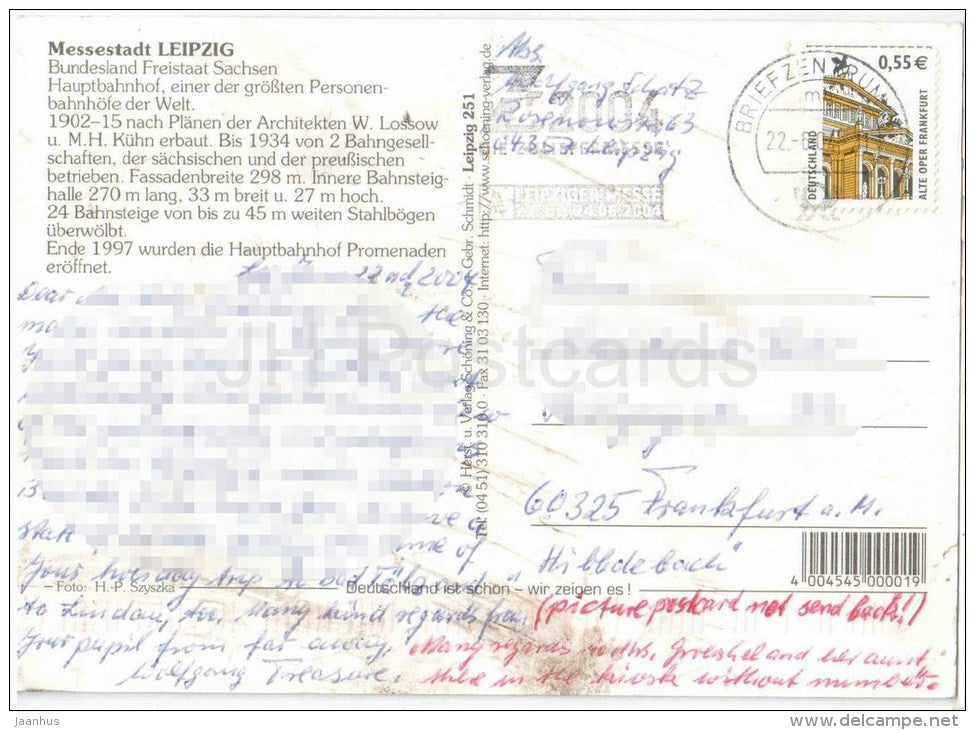 Messestadt Leipzig - Hauptbahnhof - railway station - Germany - 2004 gelaufen - JH Postcards