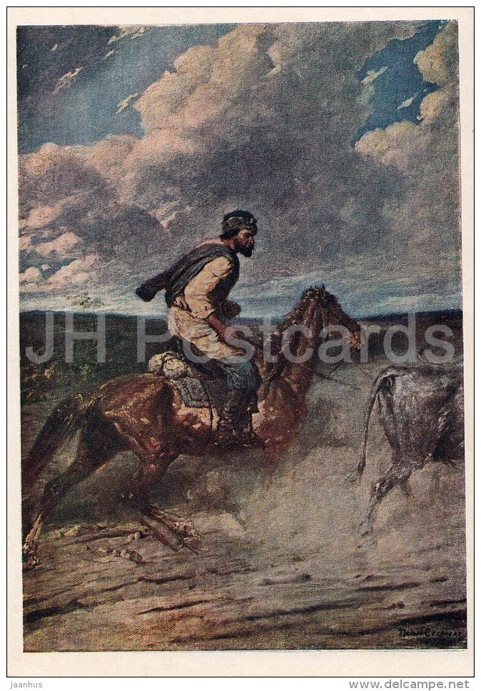 painting by P. Sokolov - Chasseur , 1872 - horse - Russian art - 1953 - Russia USSR - unused - JH Postcards