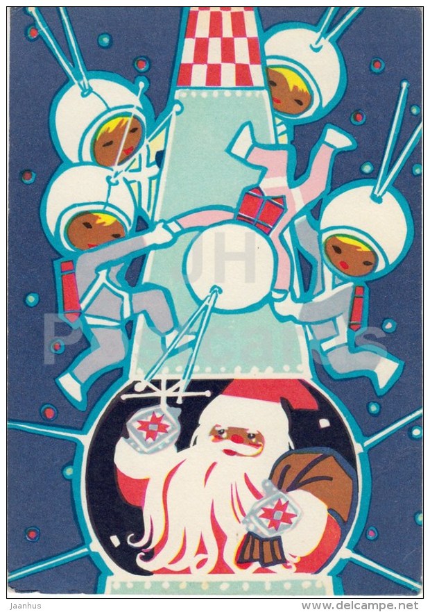 New Year Greeting card - by M. Fuks - Santa Claus - cosmonaut - space rocket - 1974 - Estonia USSR - used - JH Postcards