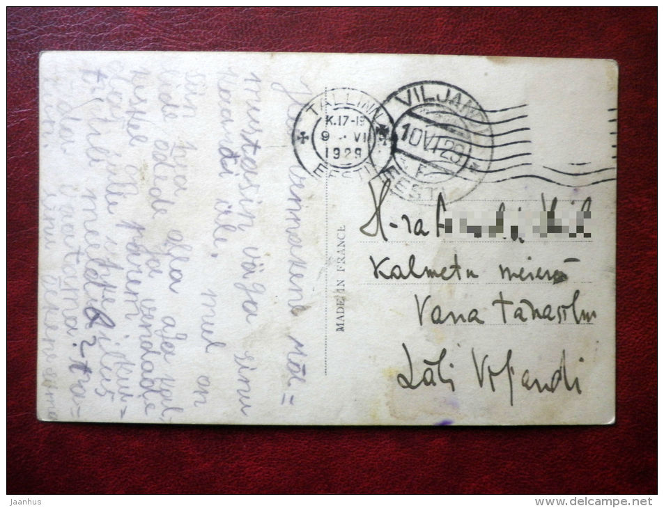 young lady with a flower basket - 969 - old postcard - circulated in Estonia 1929 , Tallinn , Viljandi - used - JH Postcards