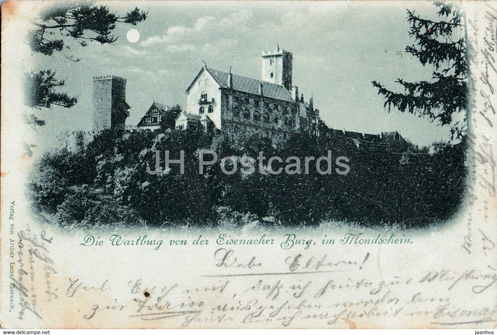 Die Wartburg von der Eisenacher Burg im Mondschein - castle - old postcard - 1898 - Germany - used - JH Postcards