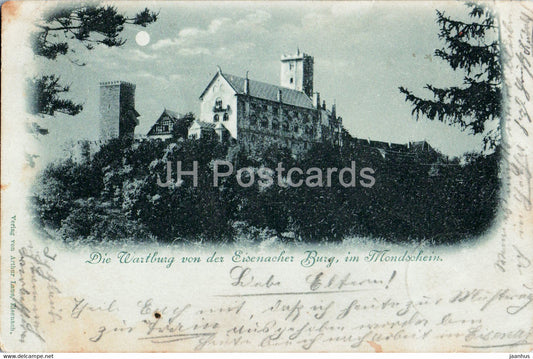 Die Wartburg von der Eisenacher Burg im Mondschein - castle - old postcard - 1898 - Germany - used - JH Postcards