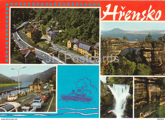 Hrensko - cars - nature views - waterfall - multiview - 1975 - Czechoslovakia - Czech Republic - used - JH Postcards