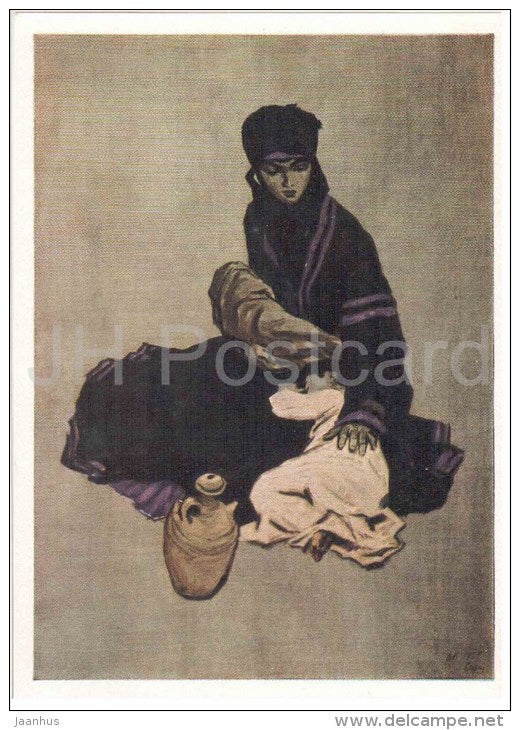 painting by O. Vereysky - Rest on the way , 1955 - mother and child - russian art - unused - JH Postcards