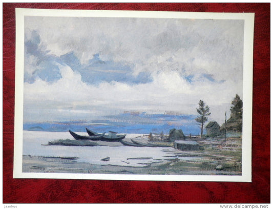 Painting by G. Manizer - after the storm - boats - lake Baikal - russian art - unused - JH Postcards