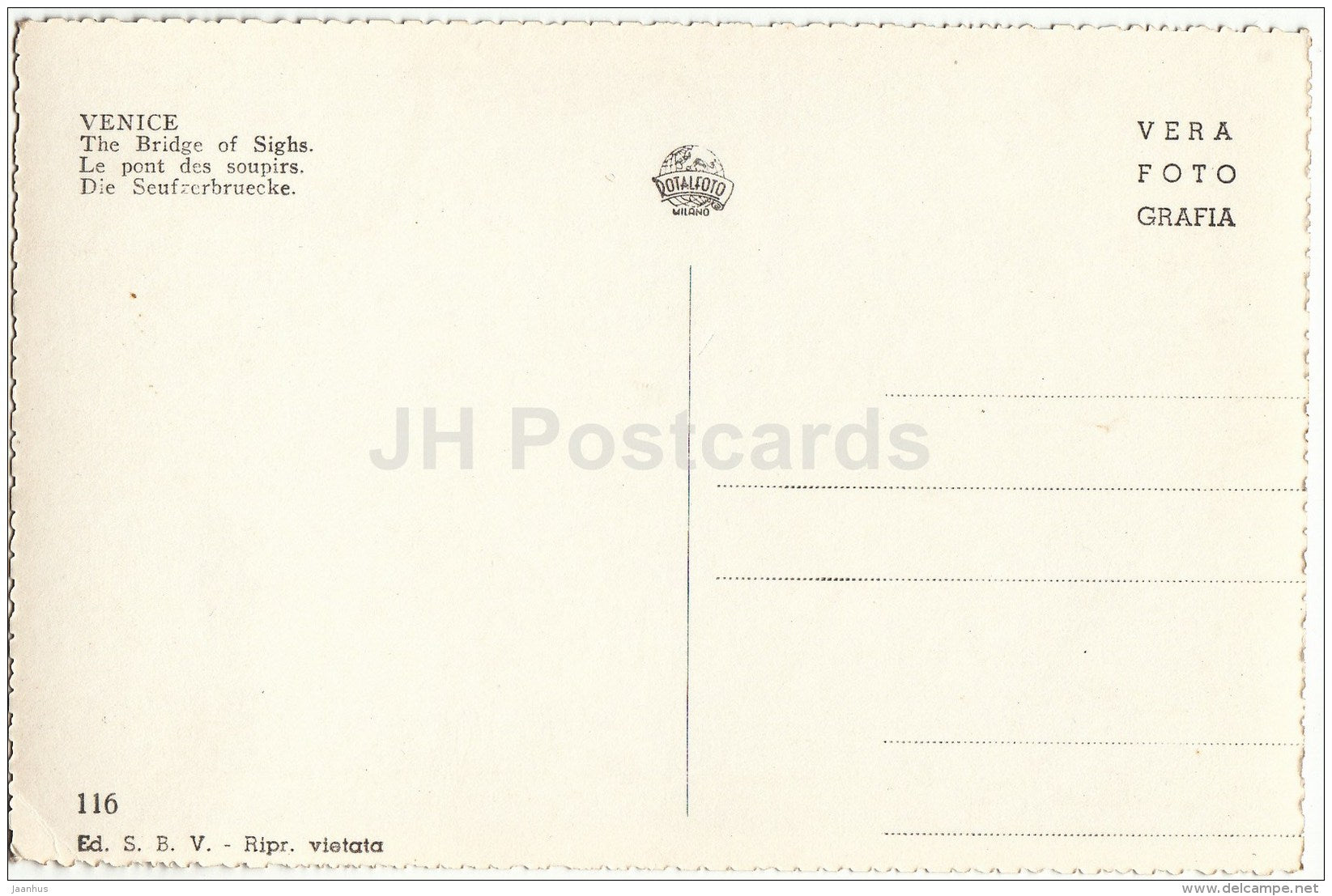 The Bridge of Sighs - gondola - Venice - Venezia - 116 - Italy - Italia - unused - JH Postcards