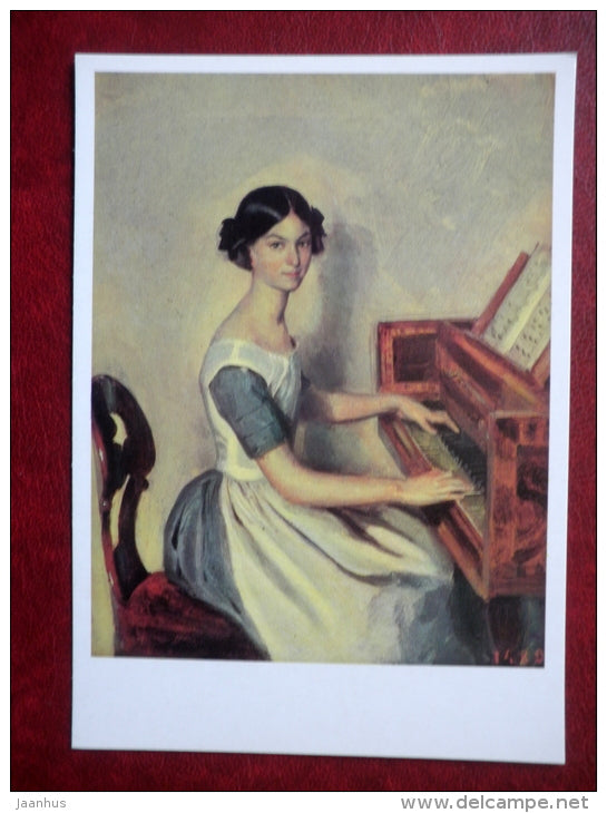 painting by Pavel Fedotov , Portrait of Nadezhda Petrovna Zhdanovich , 1849 - piano - russian art - unused - JH Postcards
