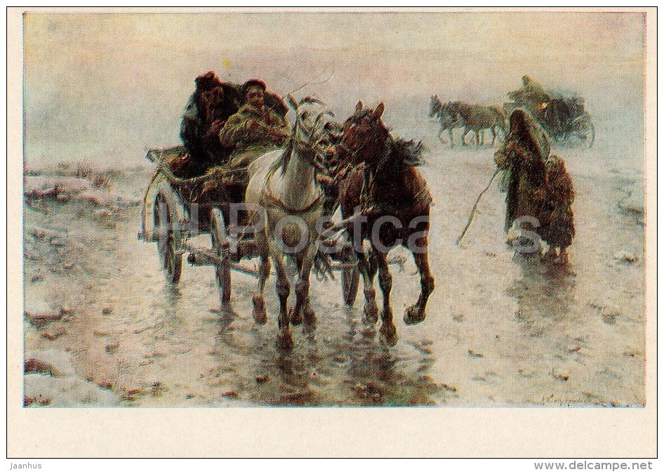 painting by Alfred von Wierusz-Kowalski - Icy conditions - horse carriage - Polish art - Russia USSR - 1978 - unused - JH Postcards