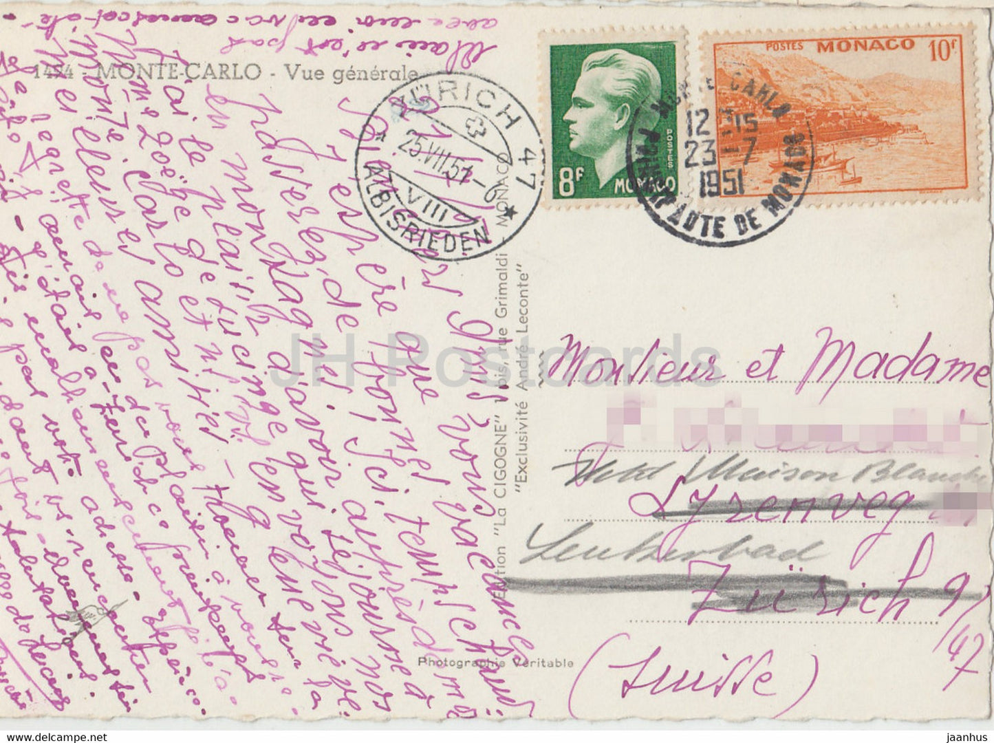 Monte Carlo - Vue Générale - 1494 - carte postale ancienne - 1951 - Monaco - occasion
