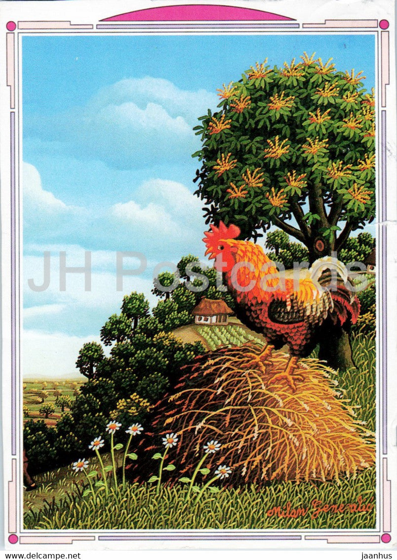 painting by M Generalic - Wo sind die Huhner - Where are the chickens - rooster - German art - Germany - used - JH Postcards