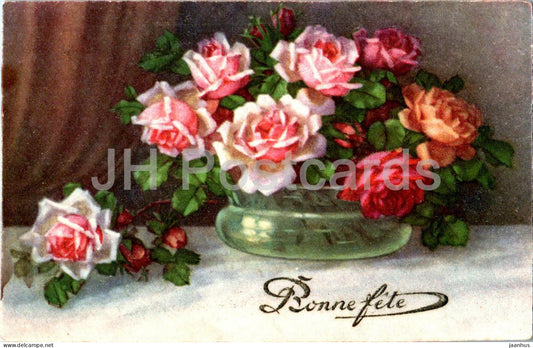 Holidays Greeting Card - Bonne Fete - flowers - M 1668 - old postcard - France - used - JH Postcards