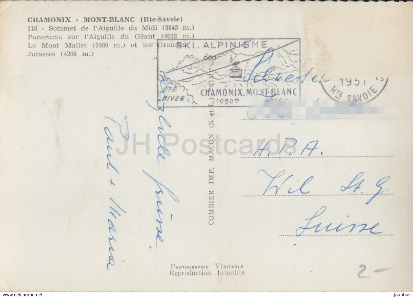 Chamonix - Mont Blanc - Sommet de l'Aiguille du Midi - Le Mont Mallet - alte Postkarte - 1957 - Frankreich - gebraucht