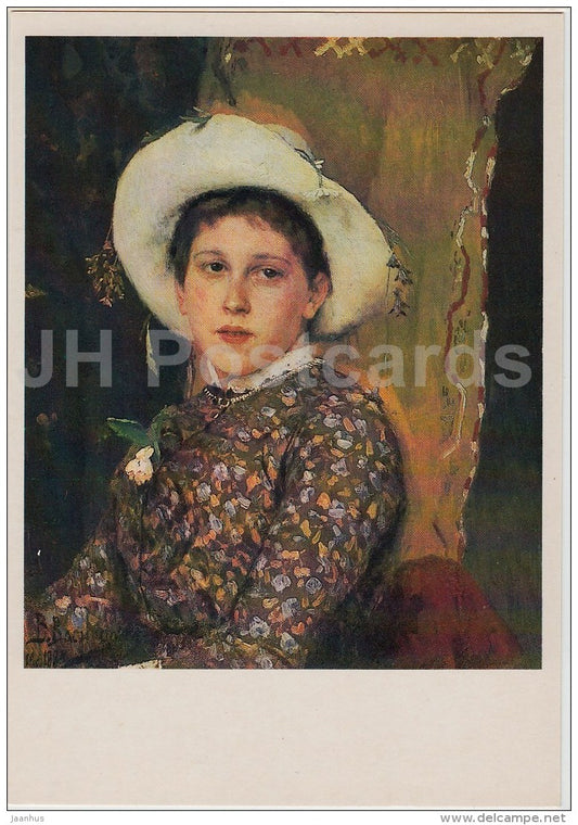 painting by V. Vasnetsov - Portrait of T. Mamontova , 1884 - woman - hat - Russian Art - 1986 - Russia USSR - unused - JH Postcards