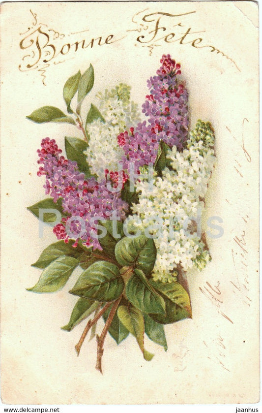 Birthday Greeting Card - Bonne Fete - flowers - lilac - illustration - old postcard - 1903 - France - used - JH Postcards