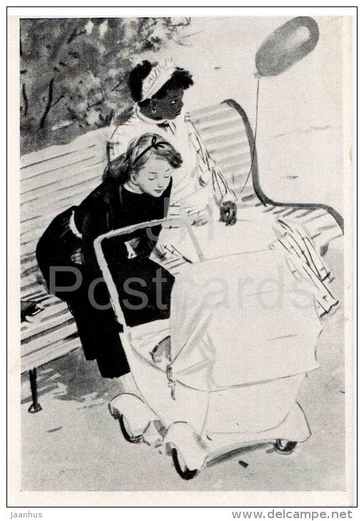 illustration by D. Dubinsky - In the Park - Tonya by Ilf and Petrov - a woman with a pram - 1958 - Russia USSR - unused - JH Postcards