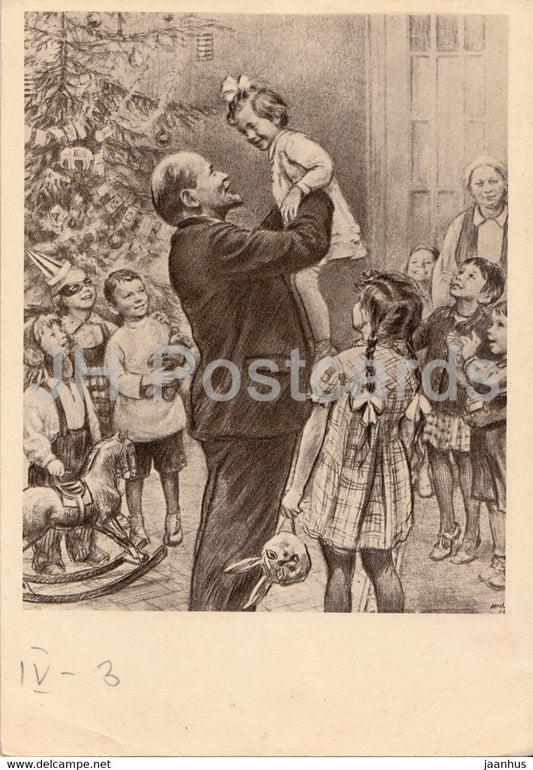 drawing by N. Zhukova - Lenin and Krupskaya at the new year tree - children - 1962 - Russia USSR - used - JH Postcards