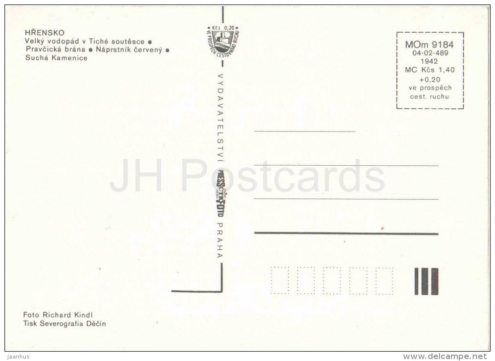 Hrensko - waterfall - Pravcická gate - Kamenice - Czechoslovakia - Czech - unused - JH Postcards