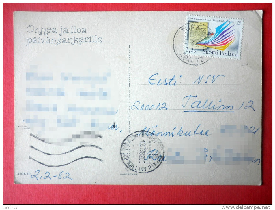 illustration by Sarah Kay - girl - cat - roses - bassinet - 4101/10 - Finland - sent from Finland to Estonia USSR 1982 - JH Postcards