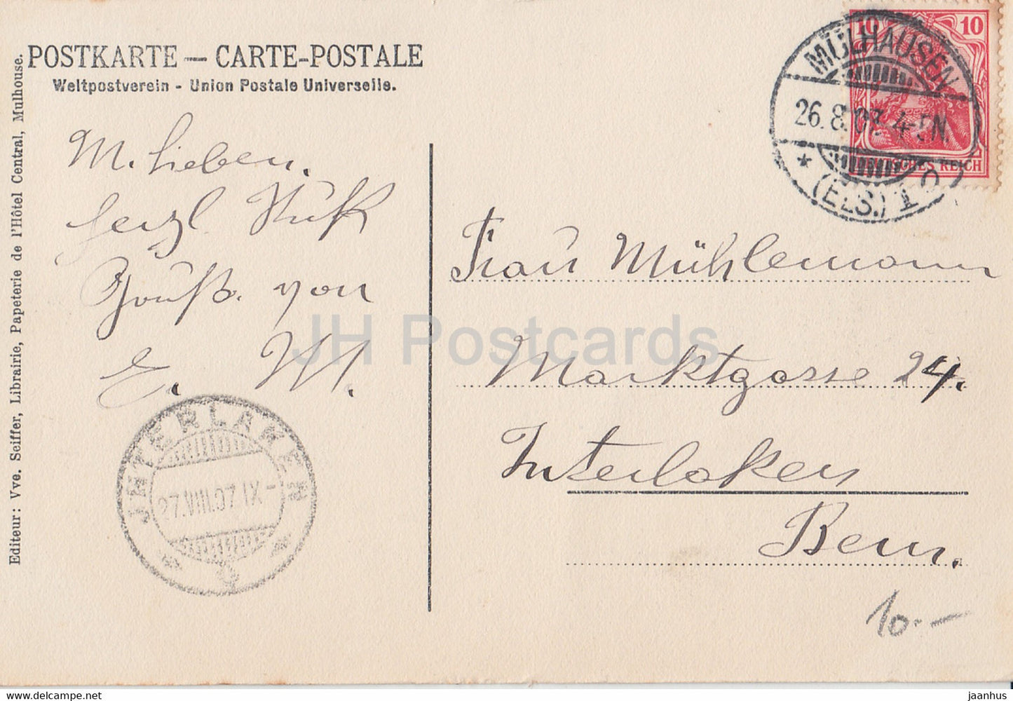 Mulhausen i Els - Mulhouse - La Poste et Bassin - Die Post und Kanal - alte Postkarte - 1907 - Frankreich - gebraucht