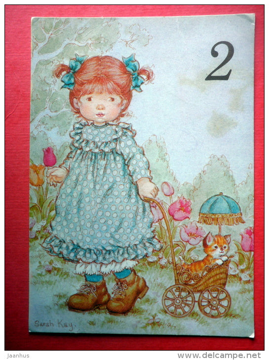 illustration by Sarah Kay - girl - cat - roses - bassinet - 4101/10 - Finland - sent from Finland to Estonia USSR 1982 - JH Postcards