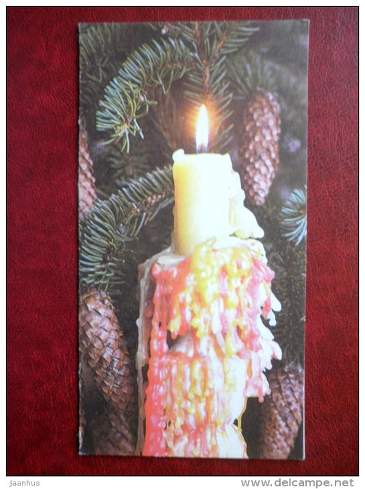 New Year Greeting card - candle - fir cones - 1985 - Estonia USSR - unused - JH Postcards