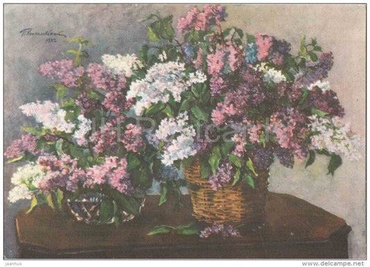 painting by P. Konchalovsky - Lilac on platting - flowers - Still Life - russian art  - unused - JH Postcards