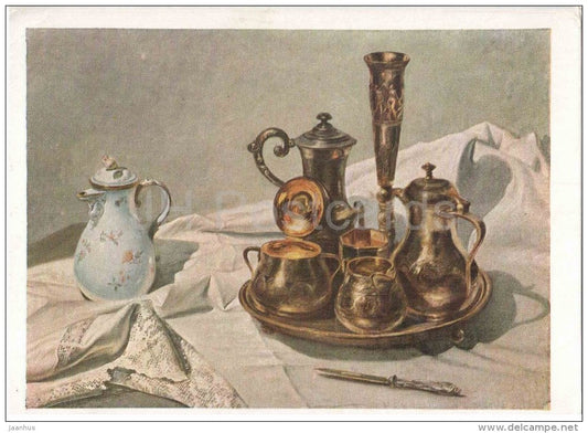 painting by V. Yakovlev - Still Life . Silver service , 1944 - russian art - unused - JH Postcards