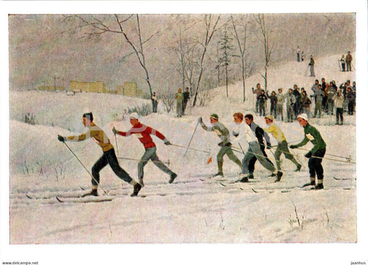 painting by E. Melnikova - Cross Country skiing - sport - Russian art - 1963 - Russia USSR - unused - JH Postcards