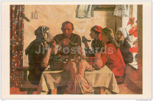painting by Victor Ivanoc - A Family . The Year 1945 , 1964 - The Russian Museum - russian art - unused - JH Postcards