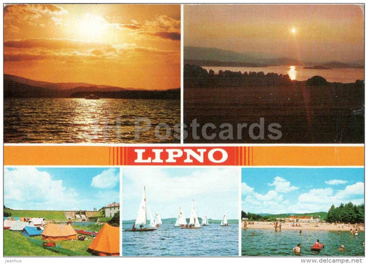 sailing boat - sunset - beach - camping area - Lipno - Czechoslovakia - Czech - unused - JH Postcards