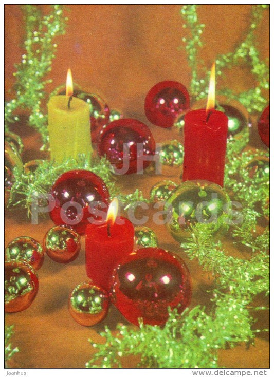 New Year Greeting card - 2 - decorations - candles - 1974 - Estonia USSR - used - JH Postcards
