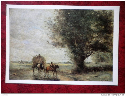 Painting by Jean-Baptiste Camille Corot - hay hauling - art - unused - JH Postcards