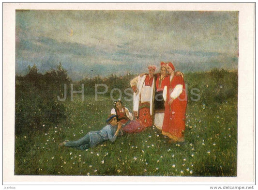 painting by K. Korovin - Northern Idyll . 1886 - women in folk costumes - fife - russian art  - unused - JH Postcards