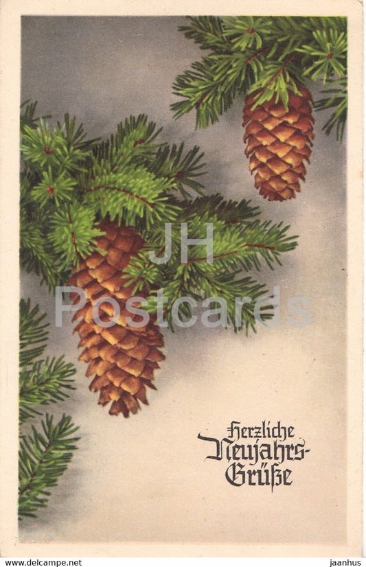 New Year Greeting Card - Herzliche Neujahrsgrusse - fir cones - old postcard - 1950 - Germany - used - JH Postcards