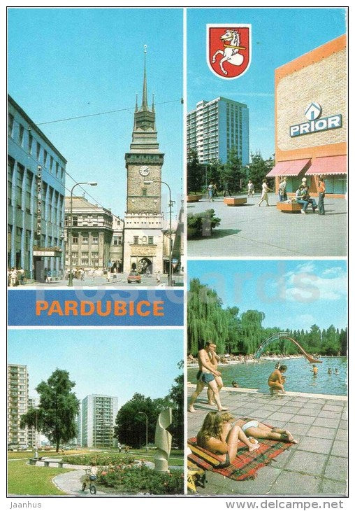 Pardubice - swimming pool - Green Gate tower - store Prior - Czechoslovakia - Czech - used 1988 - JH Postcards