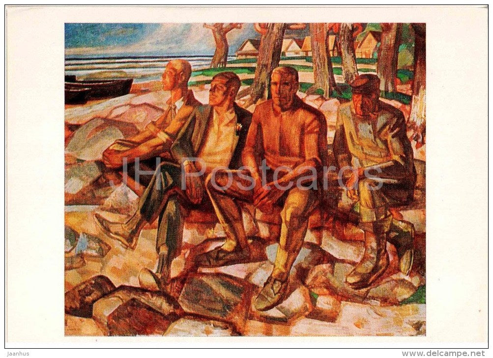 painting by E. Iltner - One Boat Guys , 1965 - fishermen - latvian art - unused - JH Postcards