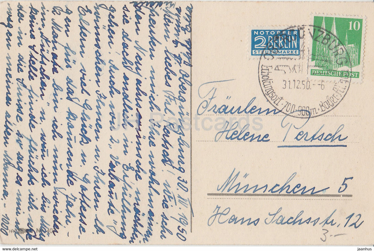 New Year Greeting Card - Herzliche Neujahrsgrusse - fir cones - old postcard - 1950 - Germany - used