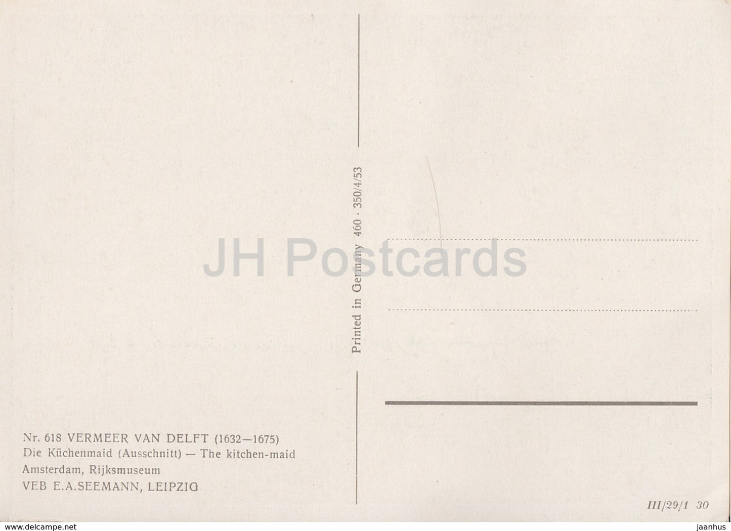 painting by Jan Vermeer Van Delft - Die Kuchenmaid - The Kitchen Maid - Dutch art - Germany DDR - unused