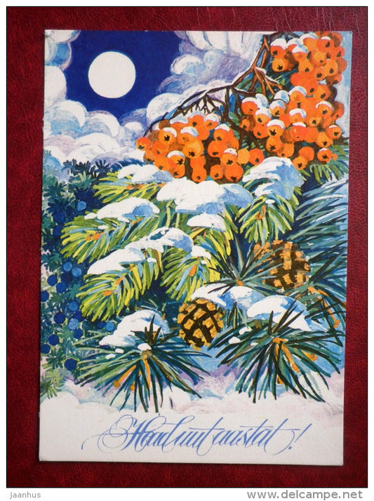 New Year Greeting card - rowan berries, juniper berries - 1978 - Estonia USSR - used - JH Postcards
