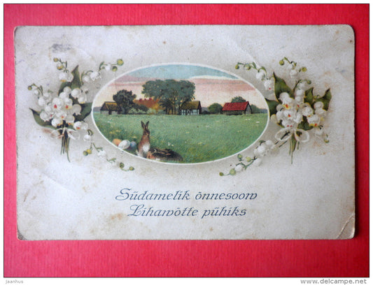 easter greeting card - lily of the valley - hare - farm house - circulated in Estonia Kambja Soe 1939 - JH Postcards