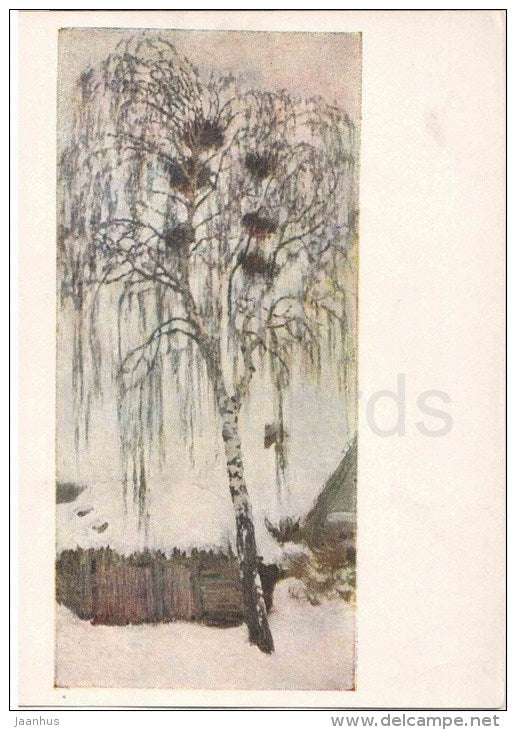 painting by I. Grabar - 1 - White Winter . Rooks Nest , 1904 - birch tree - russian art - unused - JH Postcards