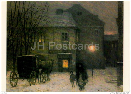 painting by Jakub Schikaneder - Winter Evening in the Town , 1889 - Czech art - large format card - Czech - unused - JH Postcards