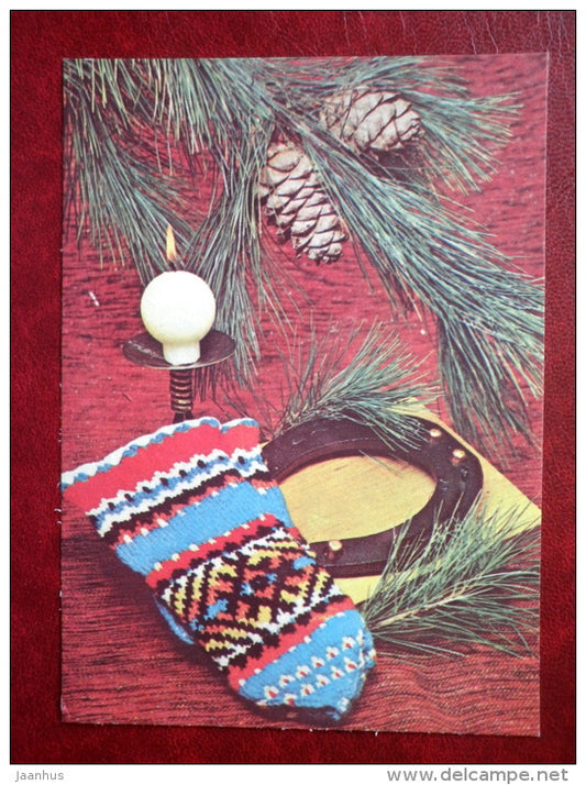 New Year Greeting card - mittens - horseshoe - 1978 - Estonia USSR - used - JH Postcards